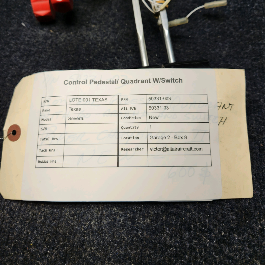Used aircraft parts for sale, 50331-003 Piper  [part_model] Texas Several CONTROL PEDESTAL QUADRANT W/SWITCH
