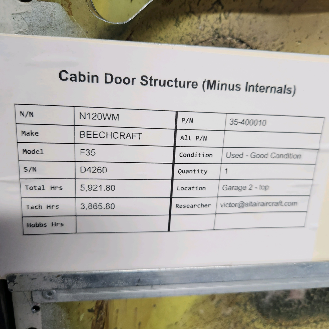 Used aircraft parts for sale, 35-400010 BEECHCRAFT F35 CABIN DOOR STRUCTURE (MINUS INTERNALS)