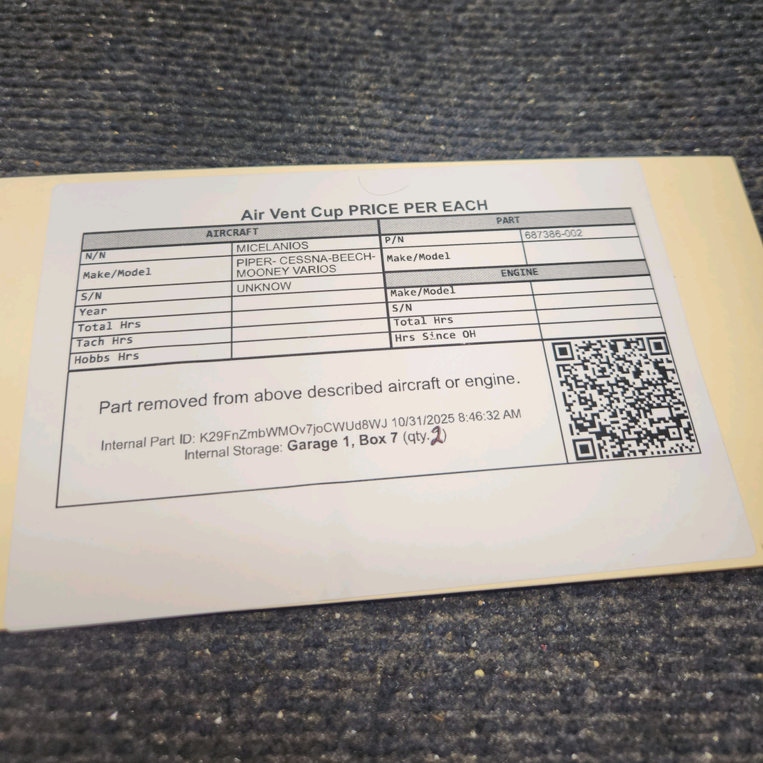 Used aircraft parts for sale, 687386-002 Piper PA28 Air Vent Cup