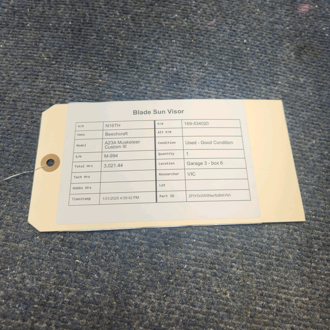 Used aircraft parts for sale, 169-534020 Beechcraft A23A Musketeer Custom III BLADE SUN VISOR