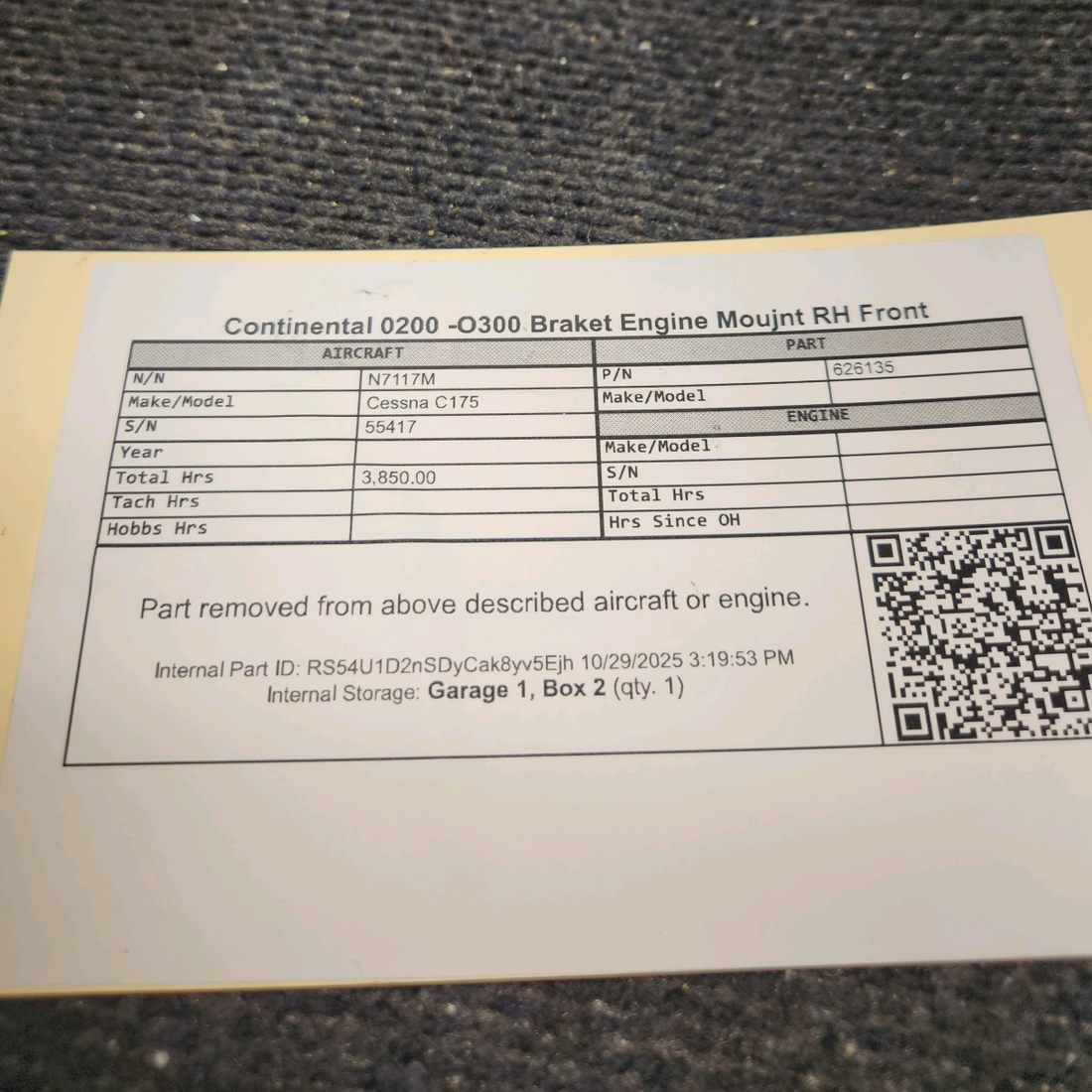 Used aircraft parts for sale, 626135 Continental O-200, O-300 Cessna C175 Bracket Engine Mount - RH Front