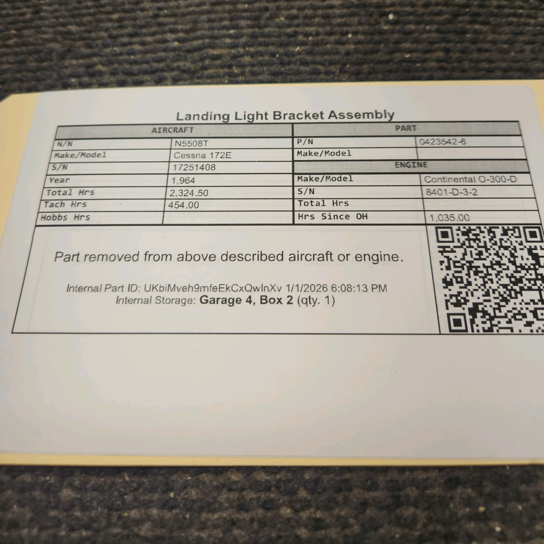Used aircraft parts for sale, 0423542-6 Cessna 172E Landing Light Bracket Assembly