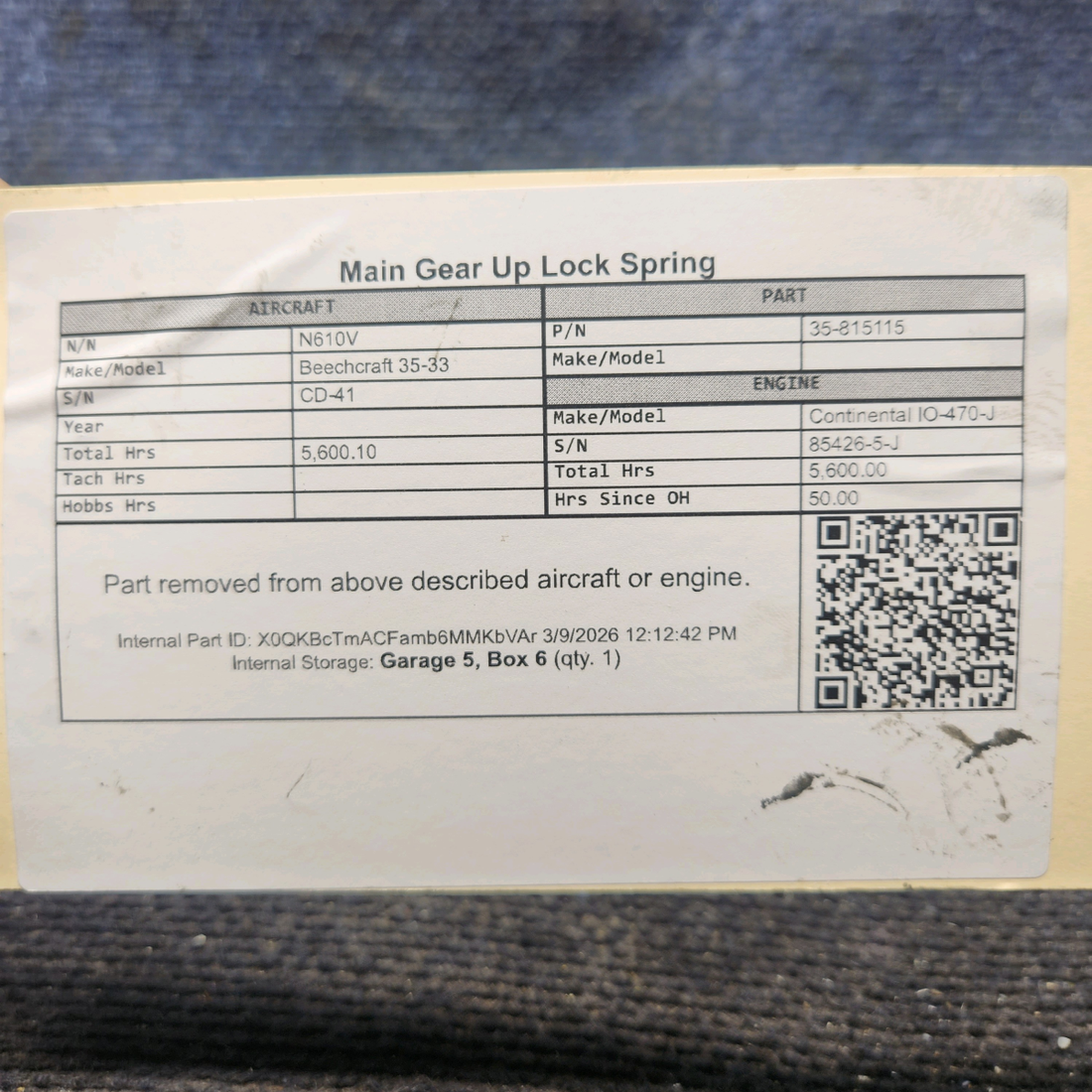Used aircraft parts for sale, 35-815115 Beechcraft 35-33 Main Gear Up Lock Spring