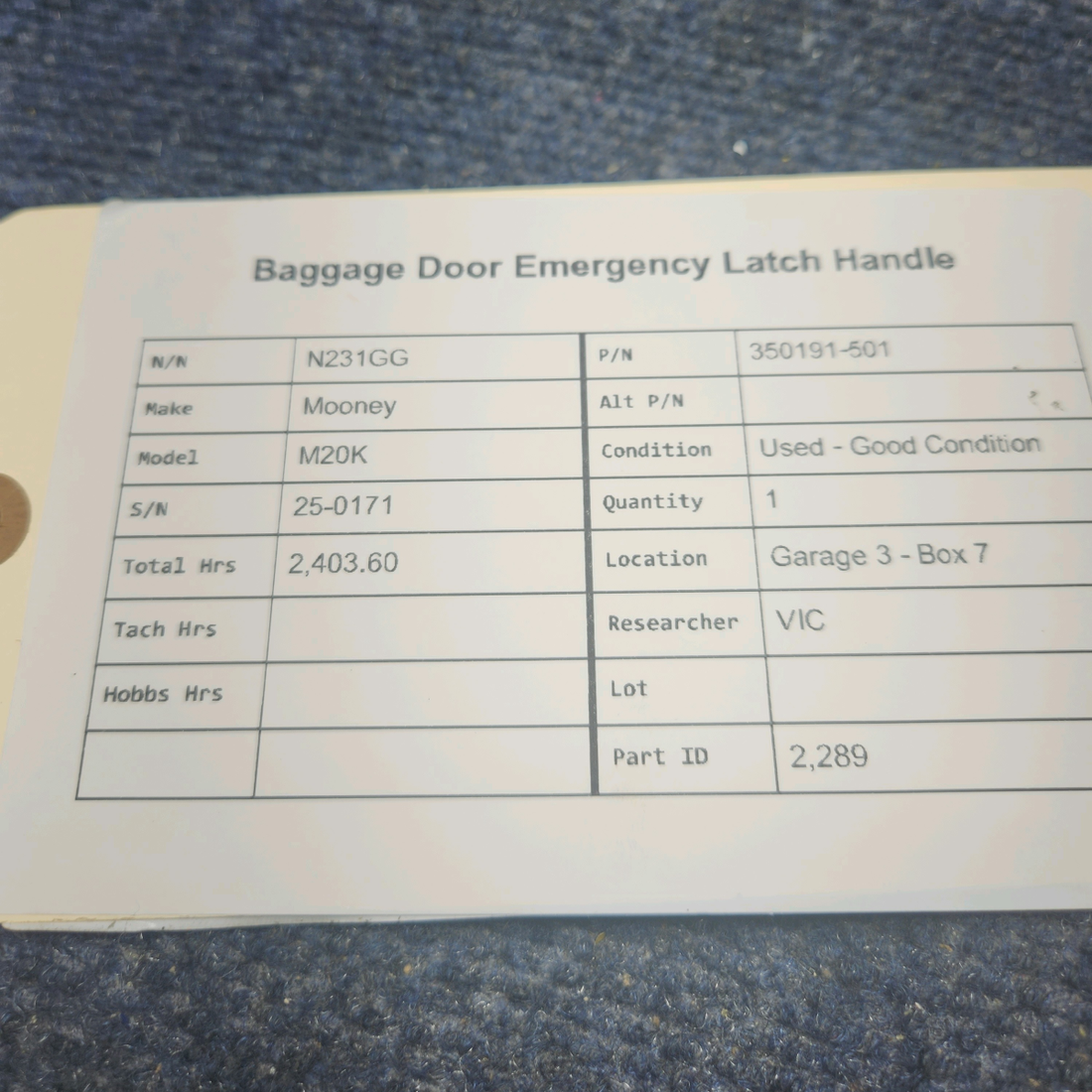 Used aircraft parts for sale, 350191-501 Mooney M20K BAGGAGE DOOR EMERGENCY LATCH HANDLE