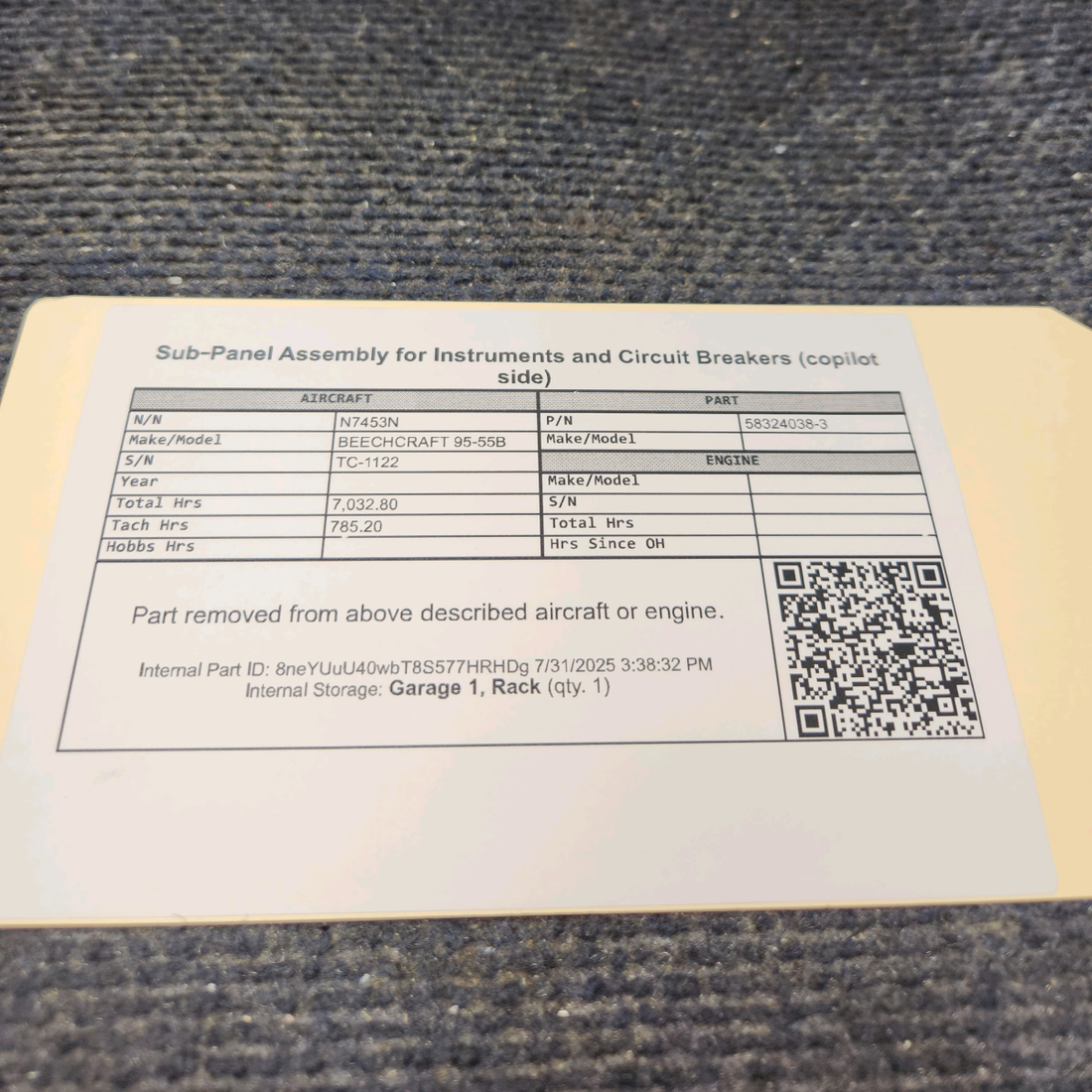 Used aircraft parts for sale, 58-324038-3 BEECHCRAFT 95-55B Sub‑Panel Instruments Breakers - Co-Pilot