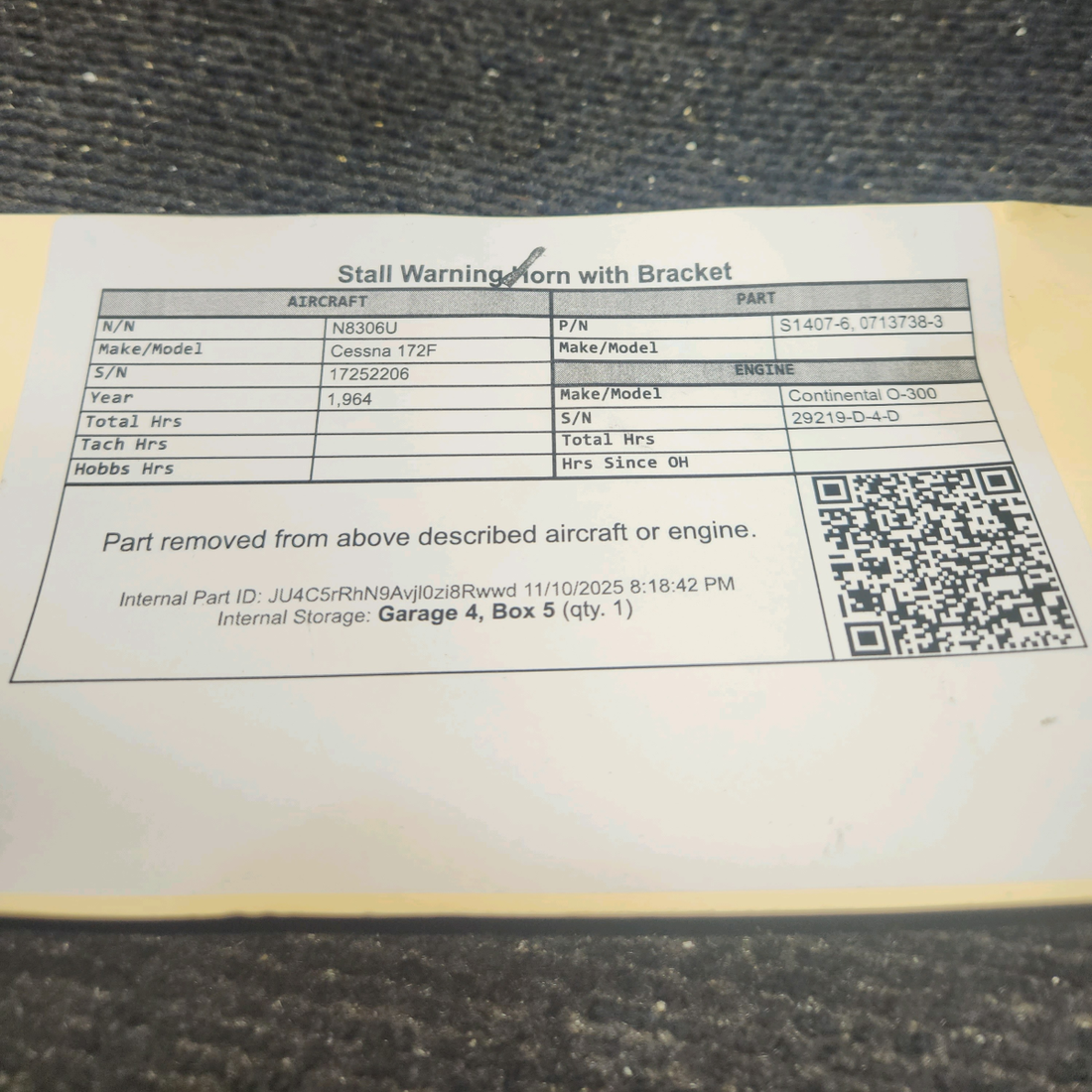 Used aircraft parts for sale, S1407-6, 0713738-3 Cessna 172F Stall Warning Horn with Bracket