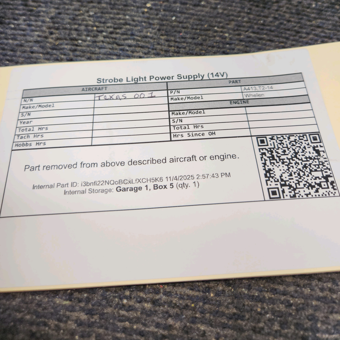 Used aircraft parts for sale, A413,T2-14 Whelen A413 Strobe Light Power Supply (14V)