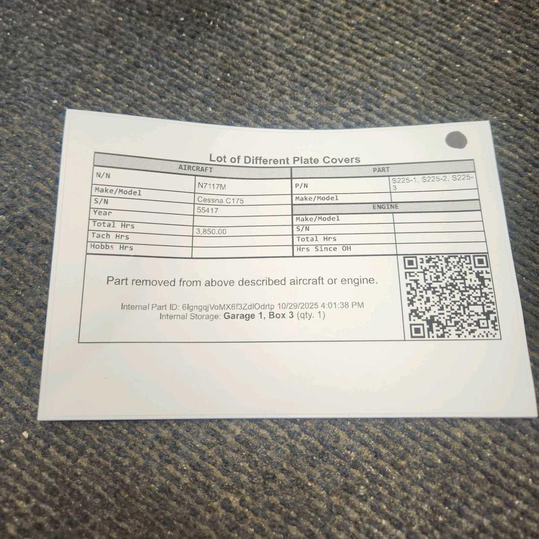 Used aircraft parts for sale, S225-1, S225-2, S225-3 Cessna C175 Lot of Different Plate Covers