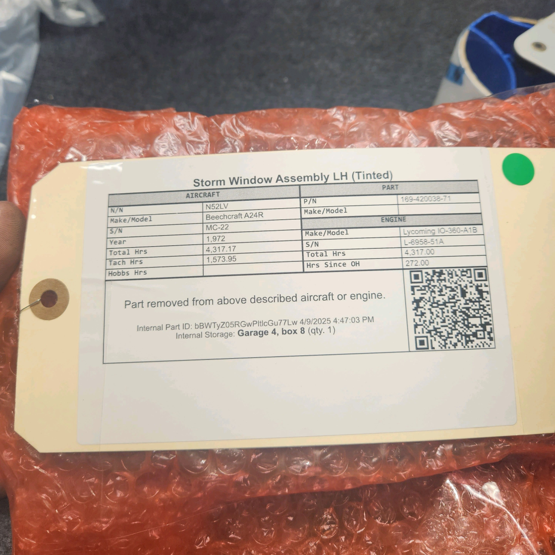 Used aircraft parts for sale, 169-420038-71 Beechcraft A24R Storm Window Assembly LH (Tinted)