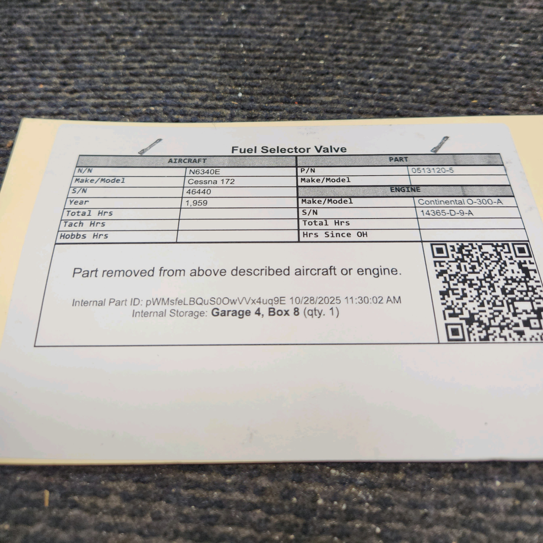 Used aircraft parts for sale, 0513120-5 Cessna 172 Fuel Selector Valve