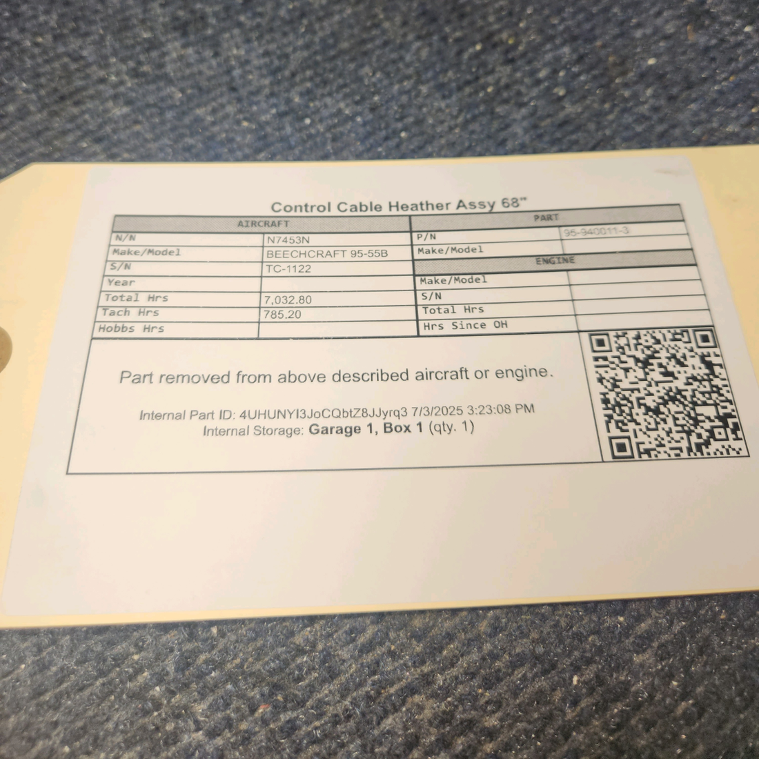 Used aircraft parts for sale, 95-940011-3 BEECHCRAFT 95-55B Control Cable Heather Assy 68"