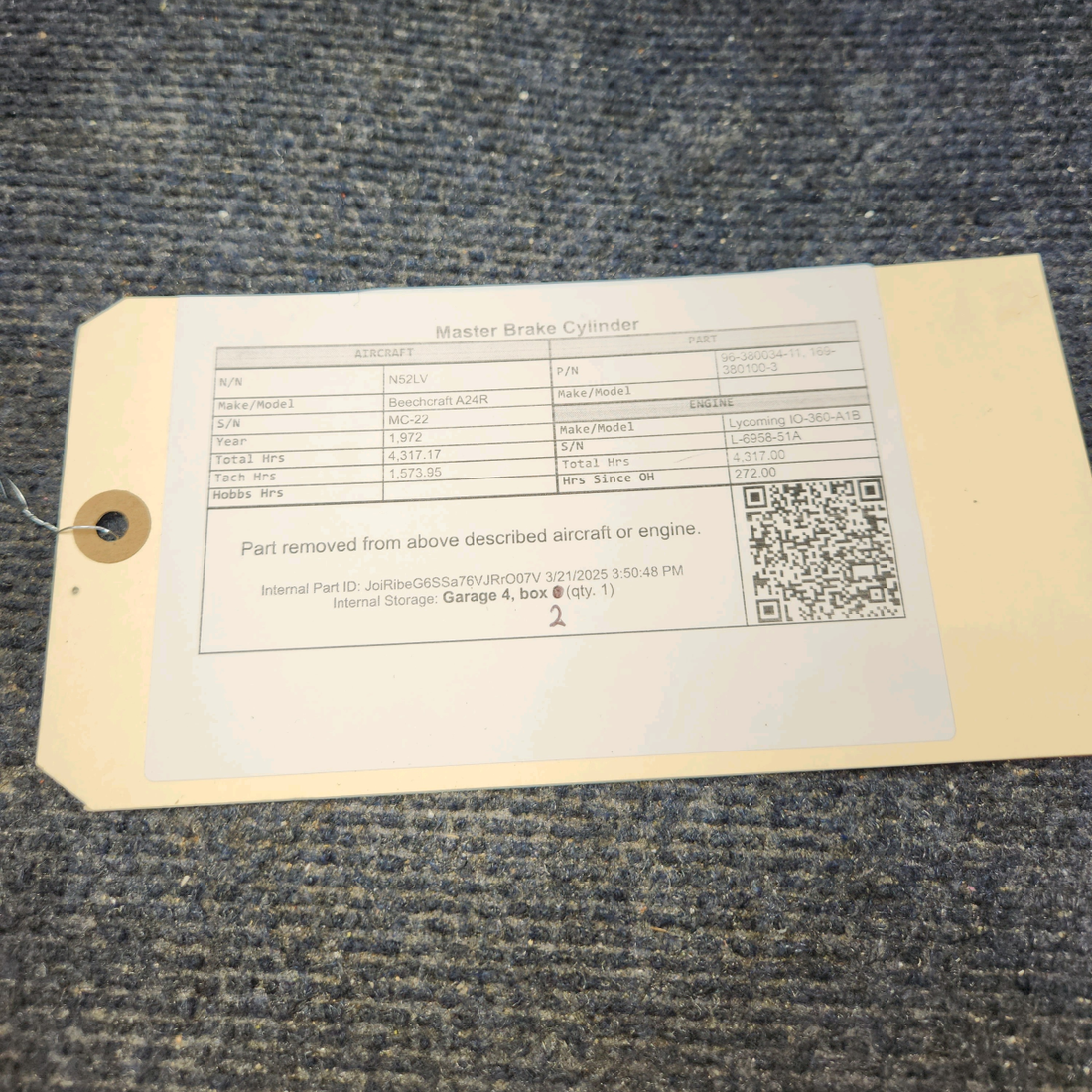 Used aircraft parts for sale, 96-380034-11 Beechcraft A24R Master Brake Cylinder