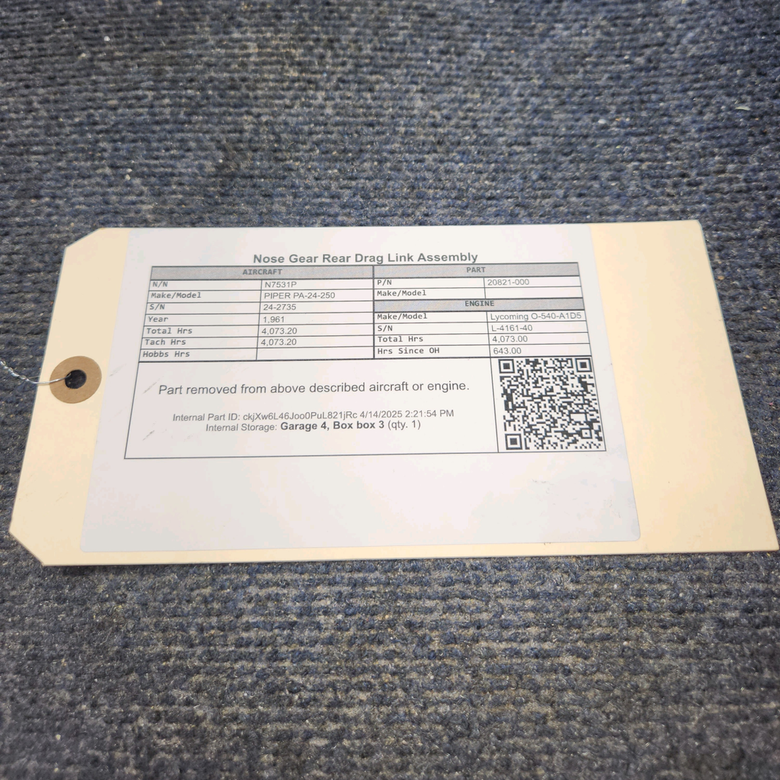 Used aircraft parts for sale, 20821-000 PIPER PA-24-250 Nose Gear Rear Drag Link Assembly