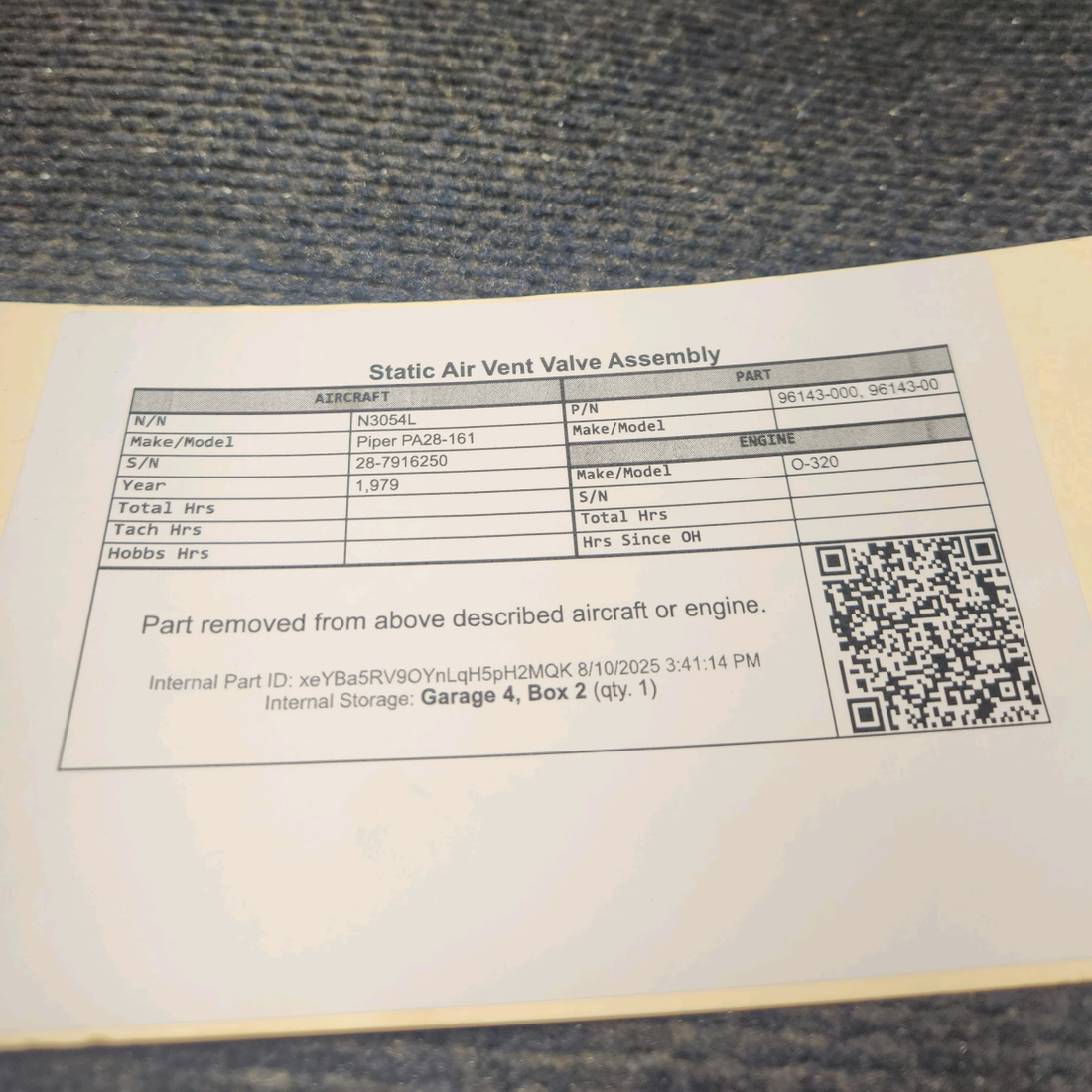 Used aircraft parts for sale, 96143-000 Piper PA28-161 Static Air Vent Valve Assembly