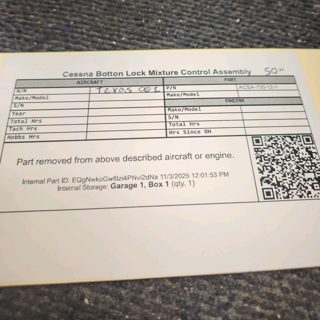 Used aircraft parts for sale, ACSA-700-12-1 Bottom-Lock Mixture Control Cable Assembly – 50"