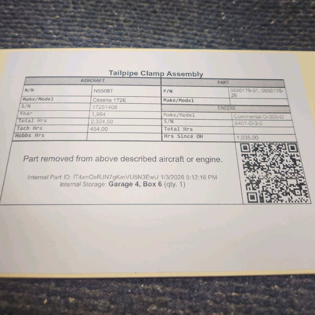 Used aircraft parts for sale, 0550176-31, 0550176-26 Cessna 172E Tailpipe Clamp Assembly