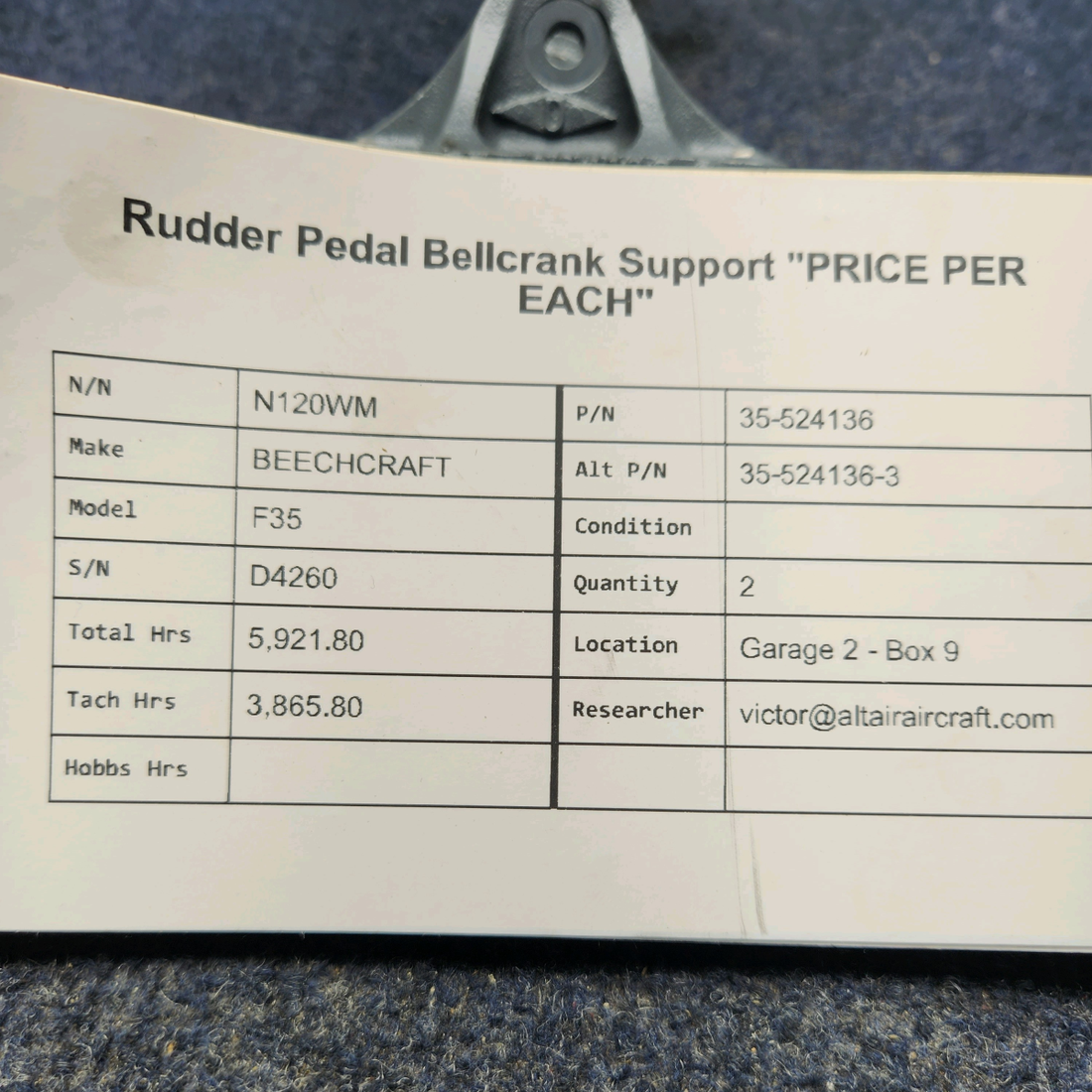 Used aircraft parts for sale, 35-524136 BEECHCRAFT F35 RUDDER PEDAL BELLCRANK SUPPORT "PRICE PER EACH"