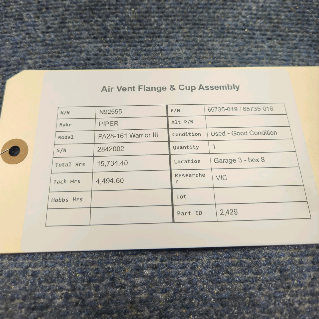 Used aircraft parts for sale, 65735-019 / 65735-018 PIPER PA28-161 Warrior III AIR VENT FLANGE & CUP ASSEMBLY