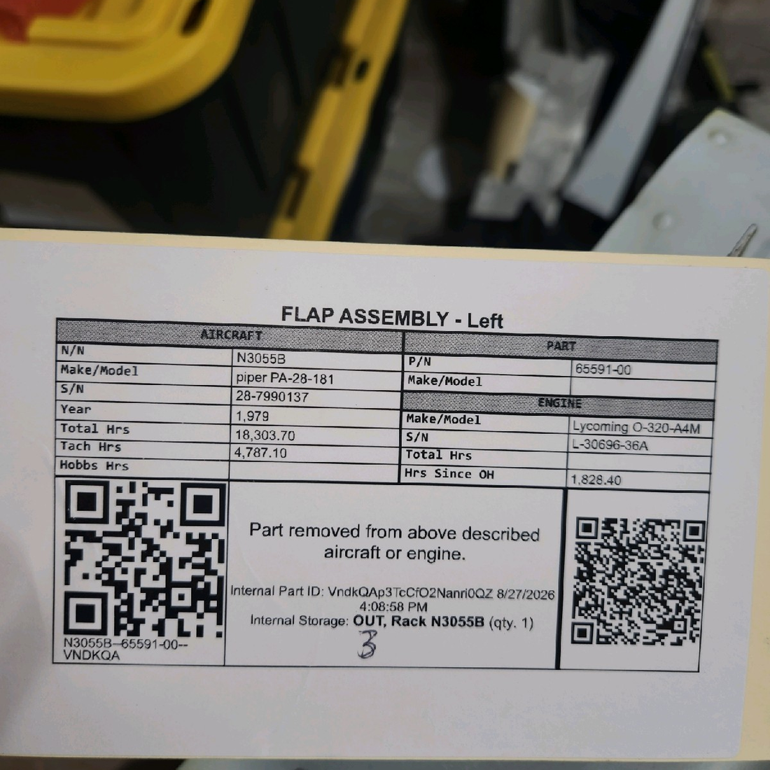 Used aircraft parts for sale, 65591-000 piper PA-28-181 Flap Assembly - LH