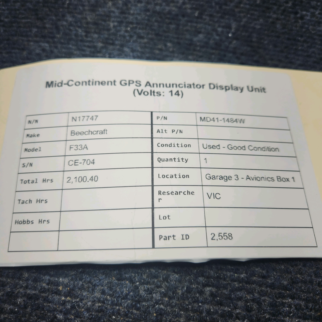 Used aircraft parts for sale, MD41-1484W Mid-Continent Beechcraft F33A GPS ANNUNCIATOR DISPLAY UNIT (VOLTS: 14)