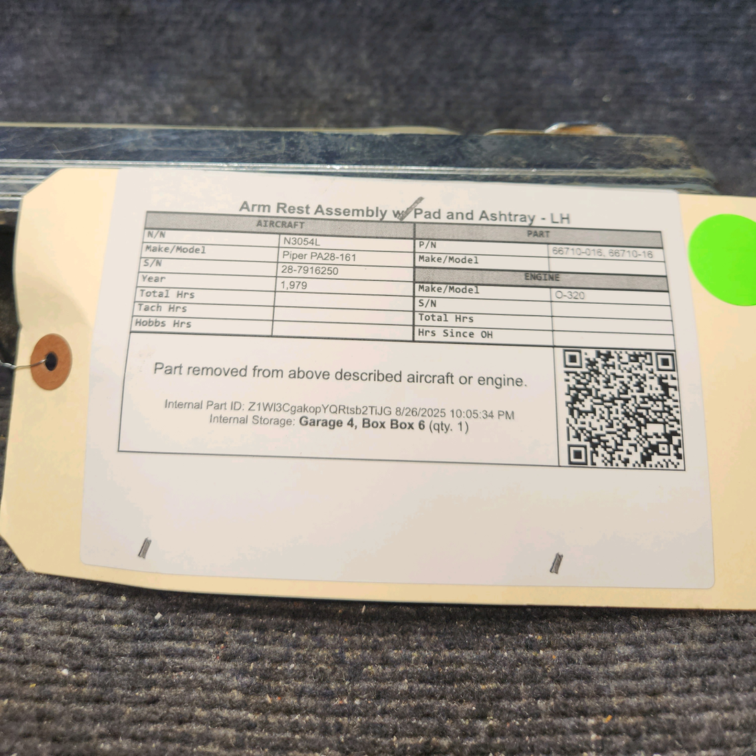 Used aircraft parts for sale, 66710-016 Piper PA28-161 Arm Rest Assembly w/ Pad and Ashtray -  LH