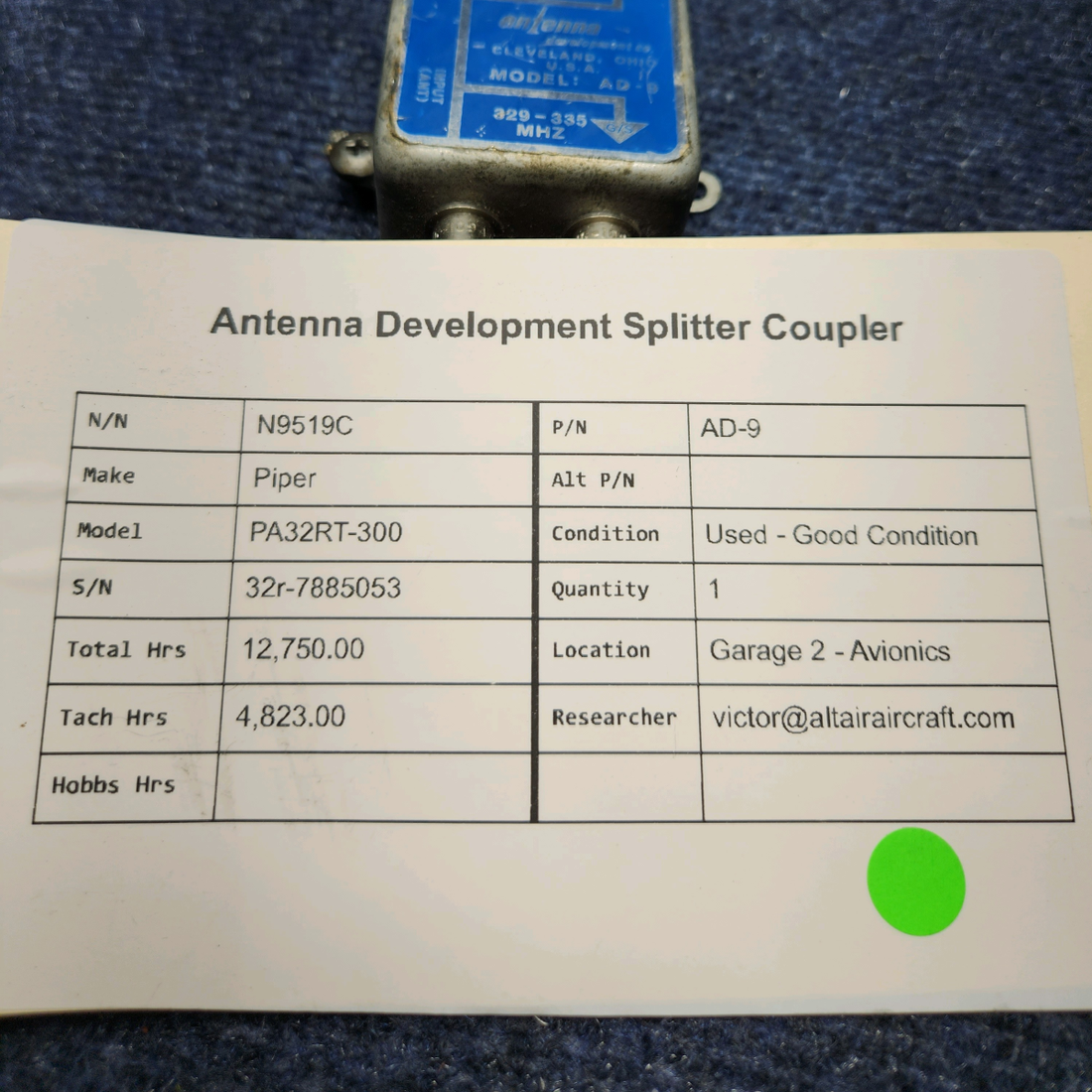 Used aircraft parts for sale, AD-9 Piper PA32RT-300 ANTENNA DEVELOPMENT SPLITTER COUPLER
