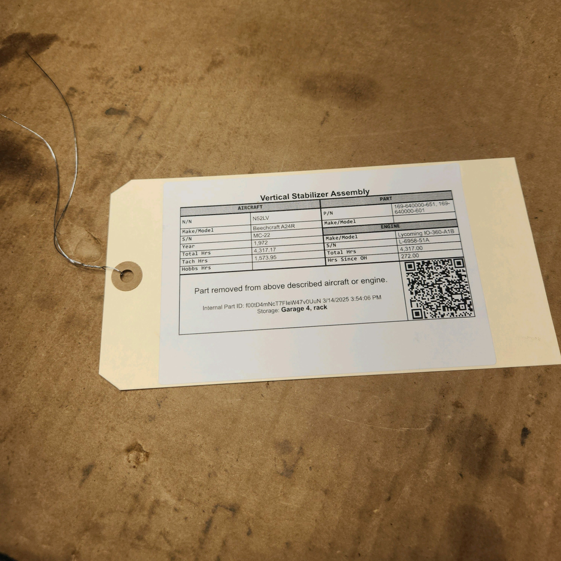 Used aircraft parts for sale, 169-640000-651 Beechcraft A24R Vertical Stabilizer Assembly