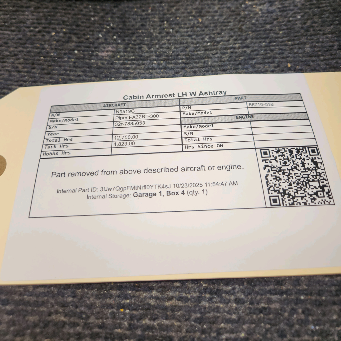 Used aircraft parts for sale, 66710-016 Piper PA32RT-300 Cabin Armrest with Ashtray - LH