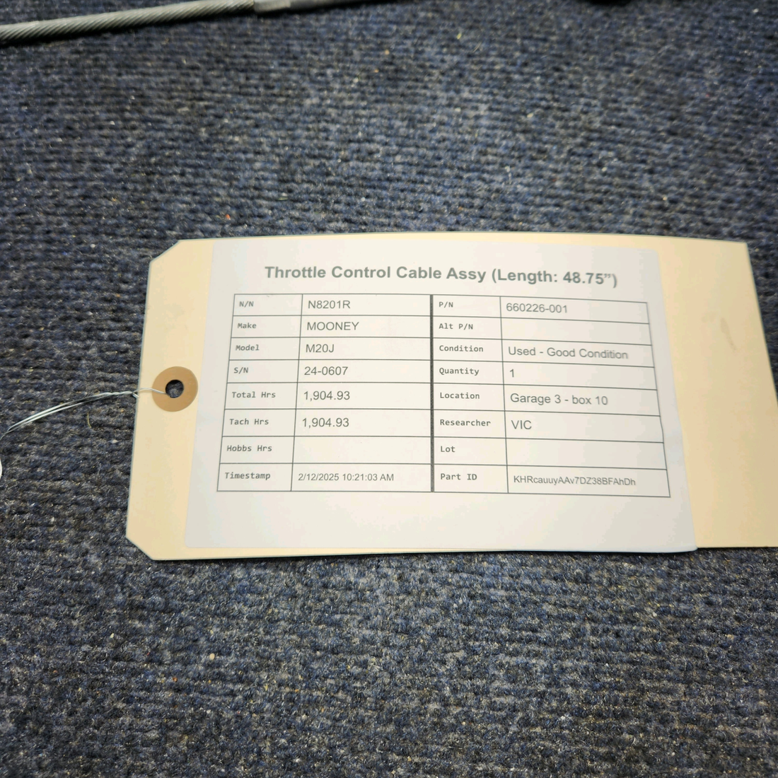 Used aircraft parts for sale, 660226-001 Mooney M20J THROTTLE CONTROL CABLE ASSY (LENGTH: 48.75”)