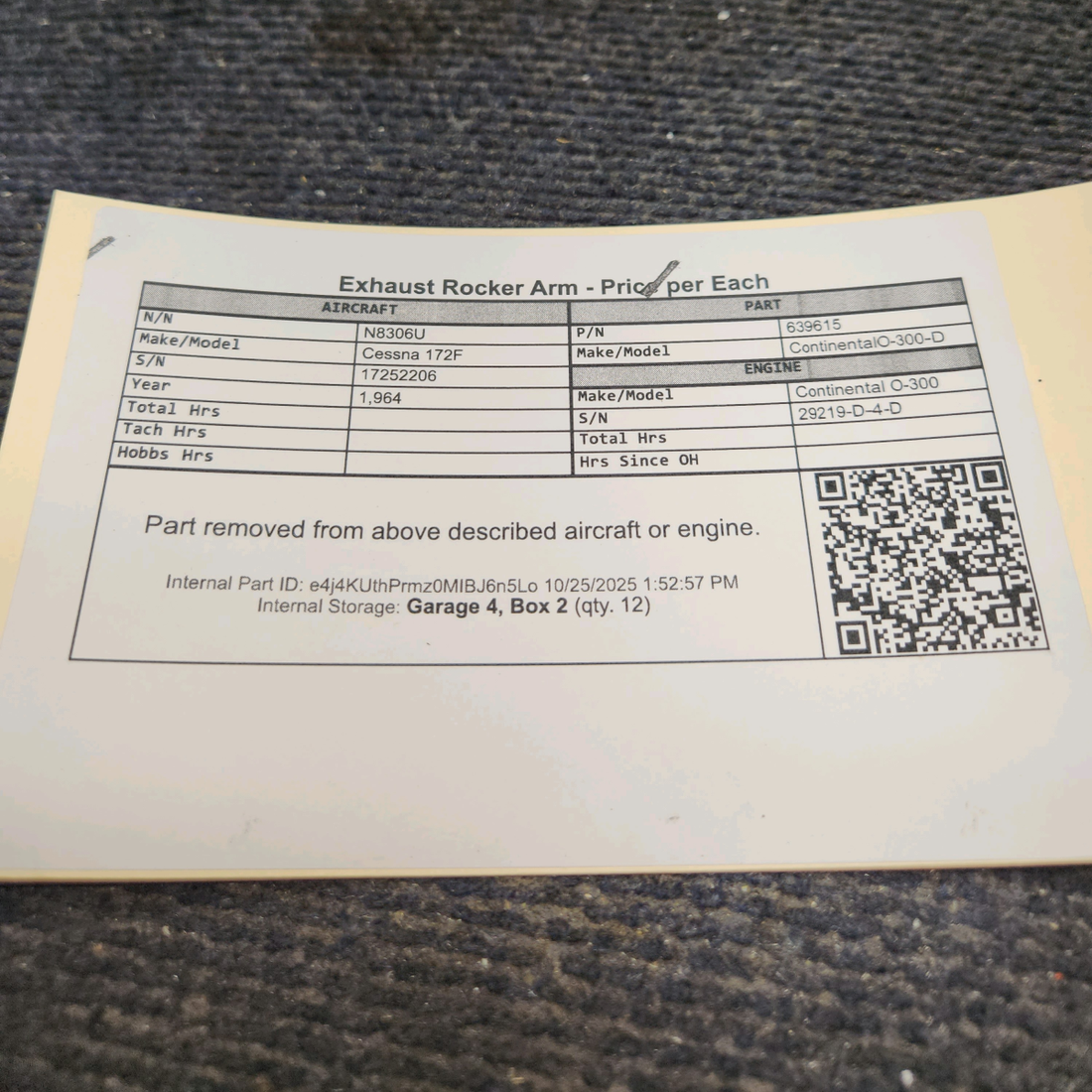 Used aircraft parts for sale, 639615 Continental O-300-D Cessna 172F Exhaust Rocker Arm - Price per Each
