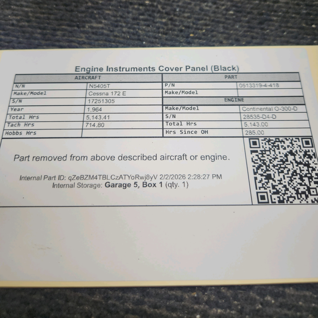 Used aircraft parts for sale, 0513319-4-418 Cessna 172 E Engine Instruments Cover Panel (Black)