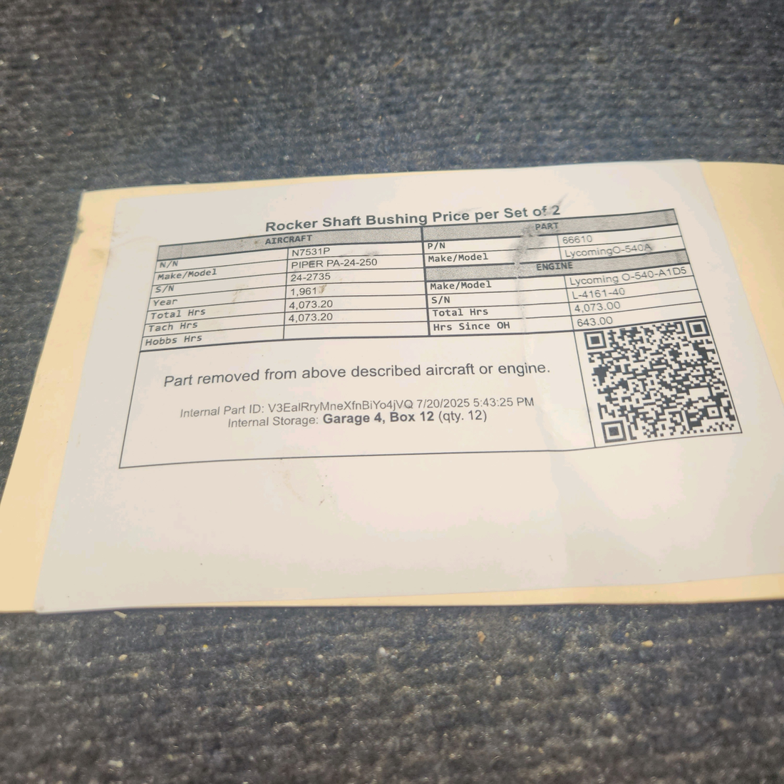 Used aircraft parts for sale, 66610 Lycoming O-540A PIPER PA-24-250 Rocker Shaft Bushing - Price per Set of 2