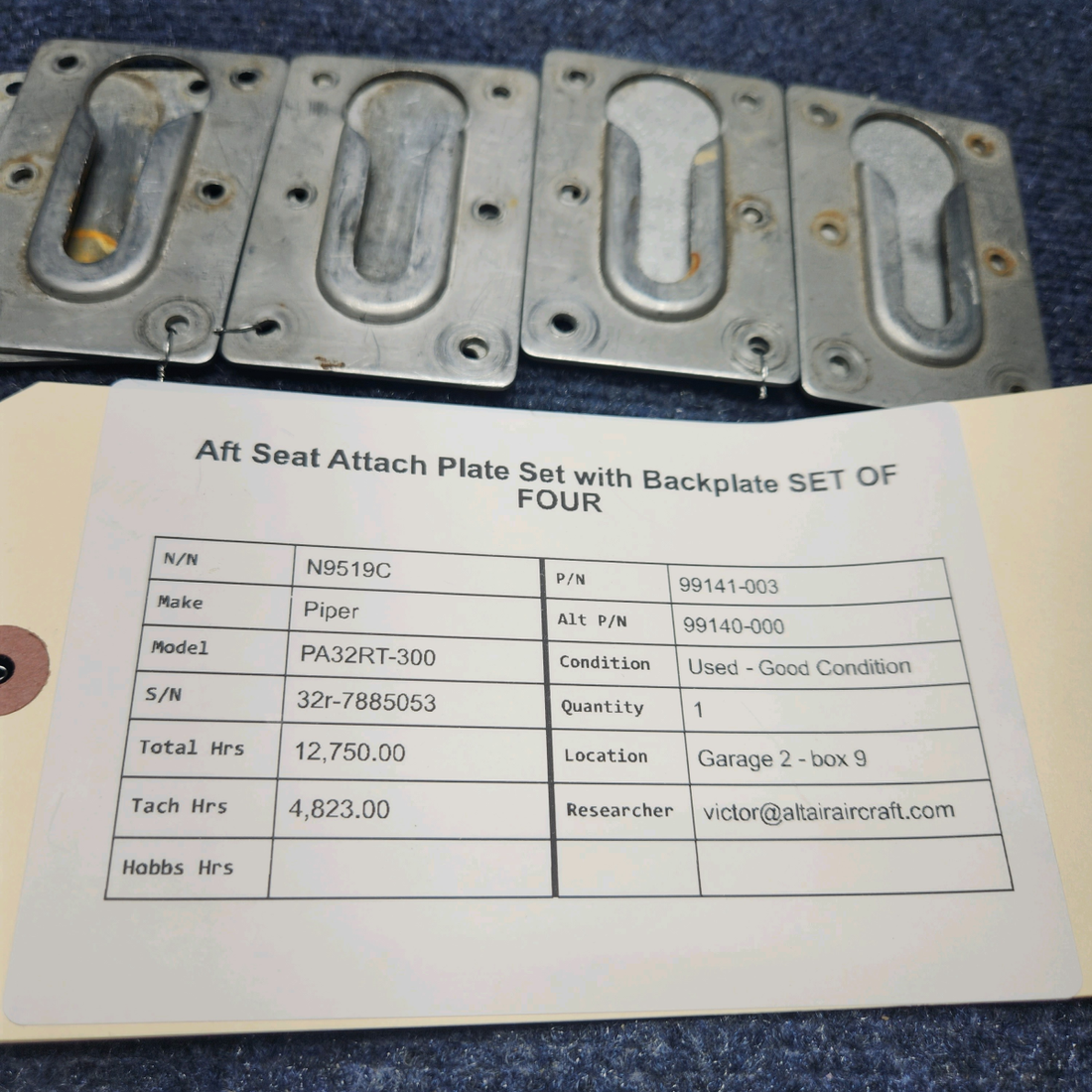 Used aircraft parts for sale, 99141-003 Piper PA32RT-300 AFT SEAT ATTACH PLATE SET WITH BACKPLATE SET OF FOUR