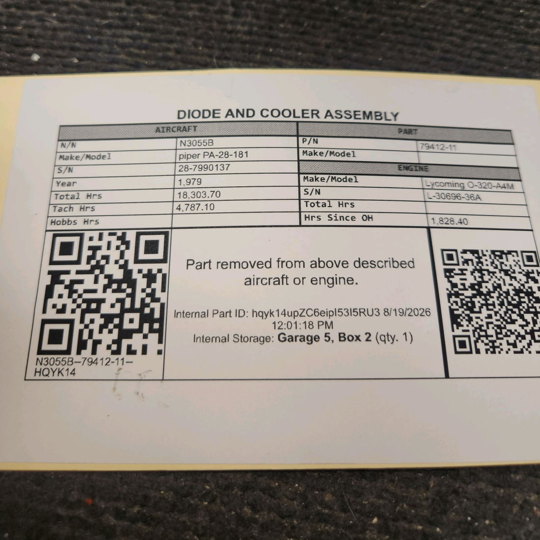 Used aircraft parts for sale, 79412-011 piper PA-28-181 Diode and Cooler Assembly