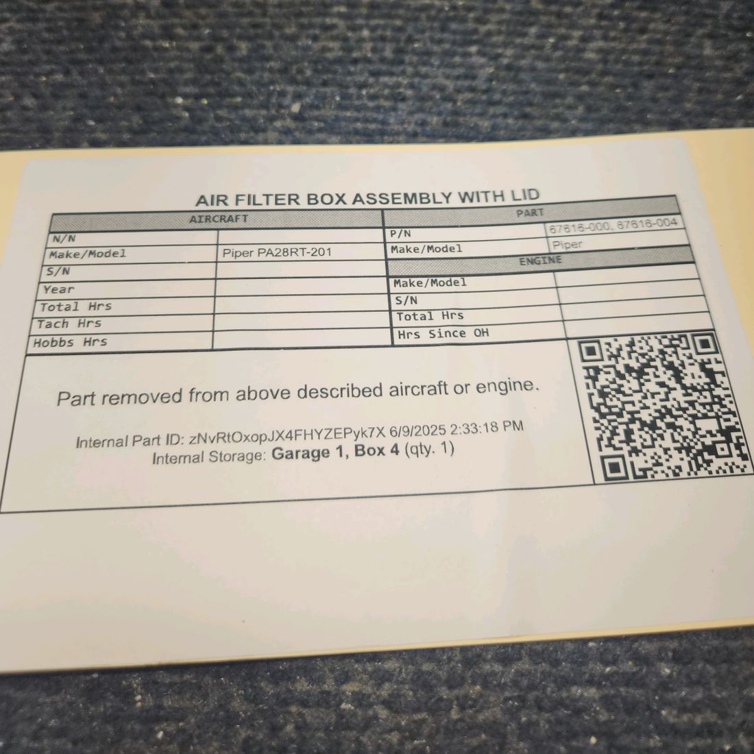 Used aircraft parts for sale, 67616-000 Piper Piper PA28RT-201 AIR FILTER BOX ASSEMBLY WITH LID