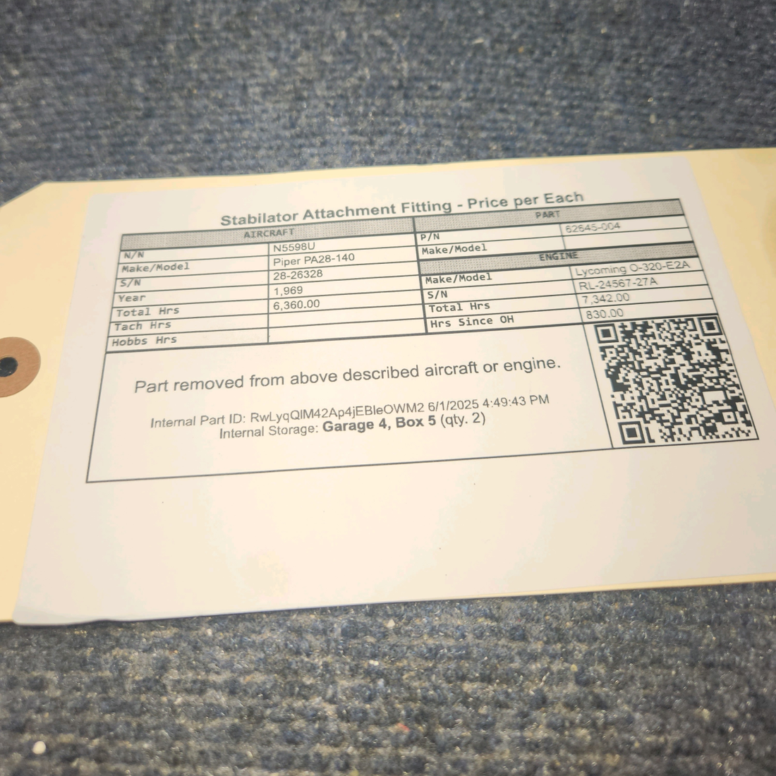 Used aircraft parts for sale, 62645-004 Piper PA28-140 Stabilator Attachment Fitting - Price per Each