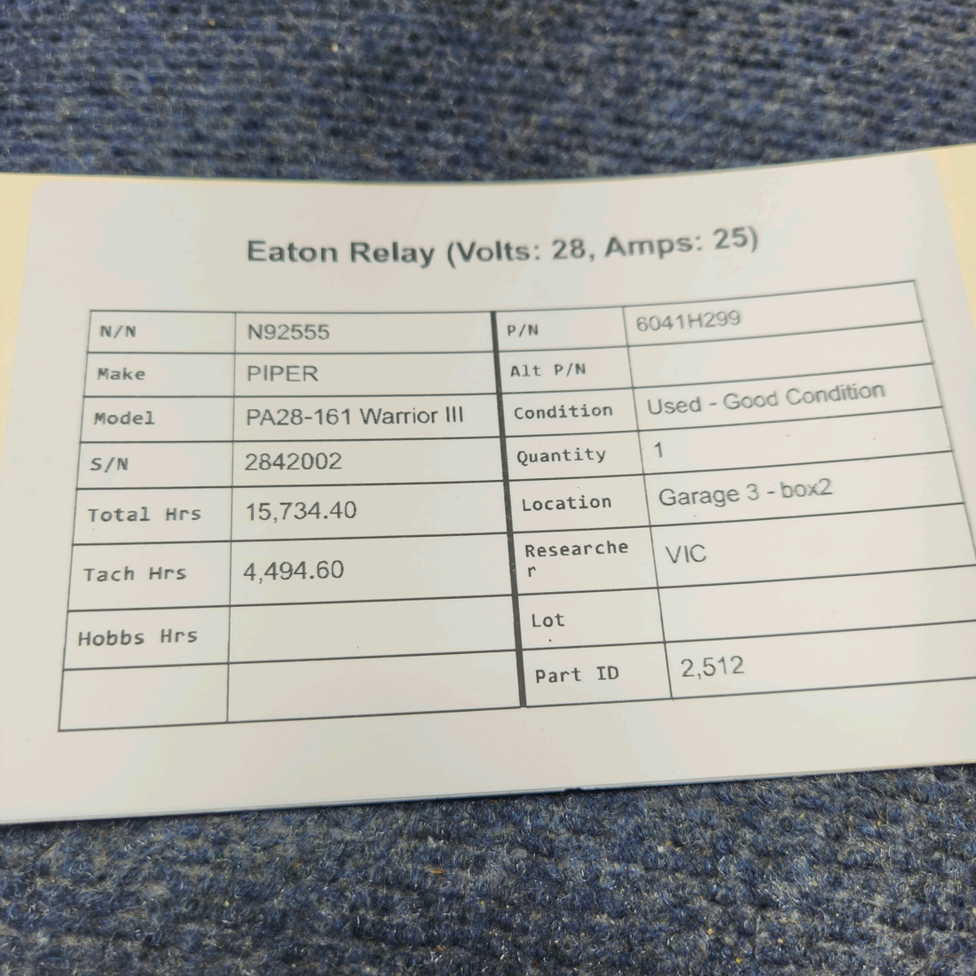 Used aircraft parts for sale, 6041H299 PIPER PA28-161 Warrior III EATON RELAY (VOLTS: 28, AMPS: 25)