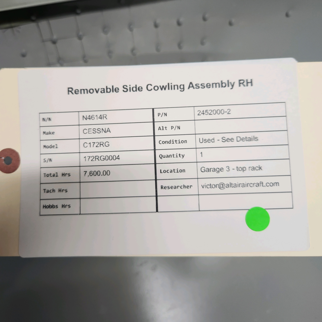 Used aircraft parts for sale, 2452000-2 CESSNA C172RG REMOVABLE SIDE COWLING ASSEMBLY RH