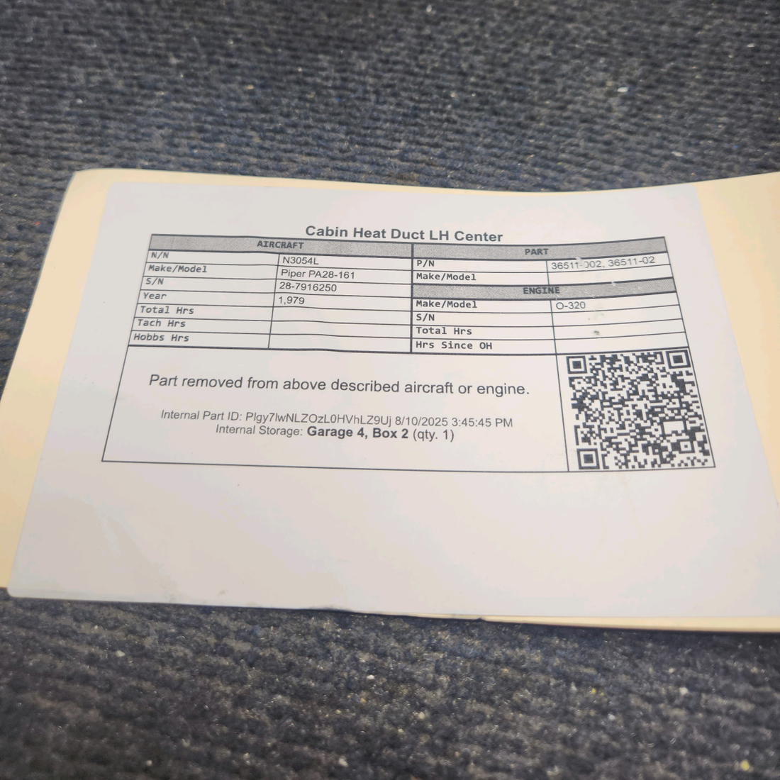 Used aircraft parts for sale, 36511-002 Piper PA28-161 Cabin Heat Duct - LH Center