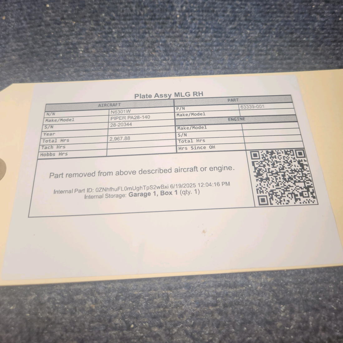 Used aircraft parts for sale, 63339-001 PIPER PA28-140 Plate Assy MLG RH