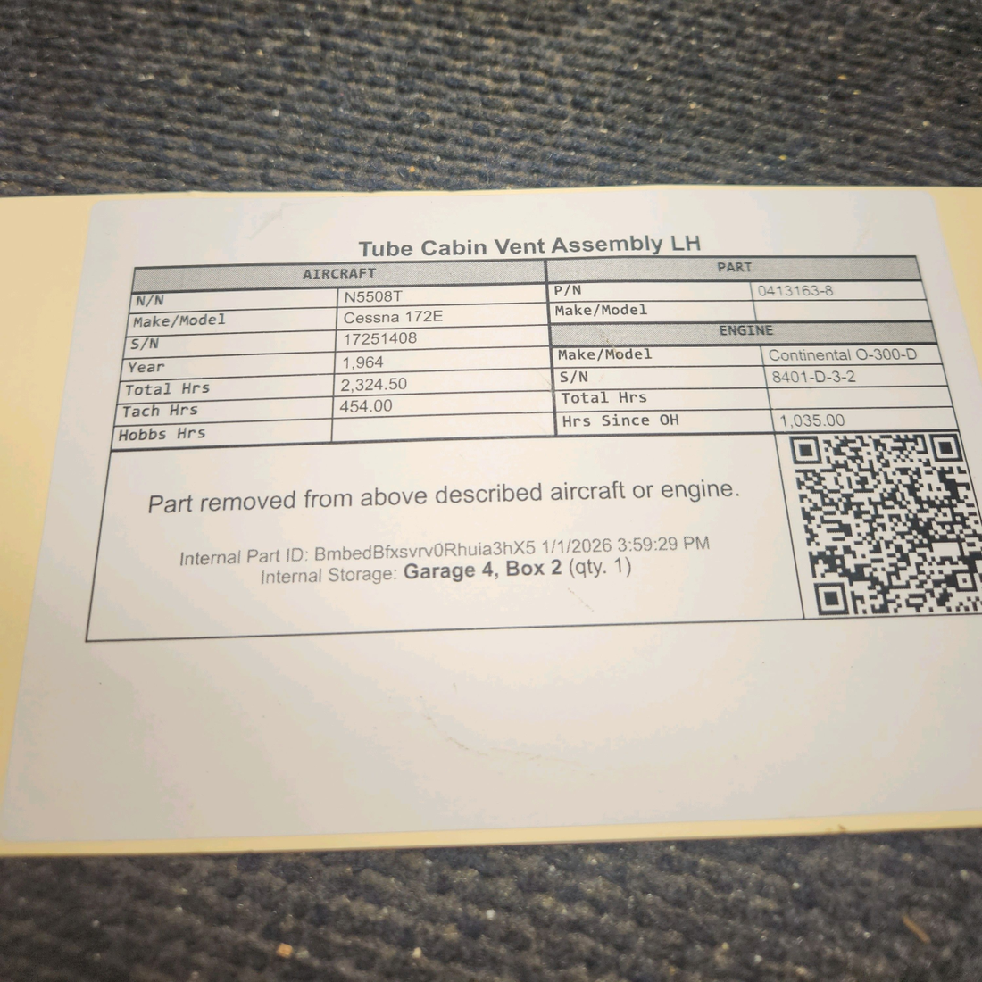 Used aircraft parts for sale, 0413163-8 Cessna 172E Tube Cabin Vent Assembly LH