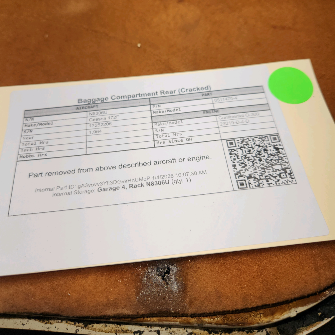 Used aircraft parts for sale, 0511470-4 Cessna 172F Baggage Compartment Rear (Cracked)