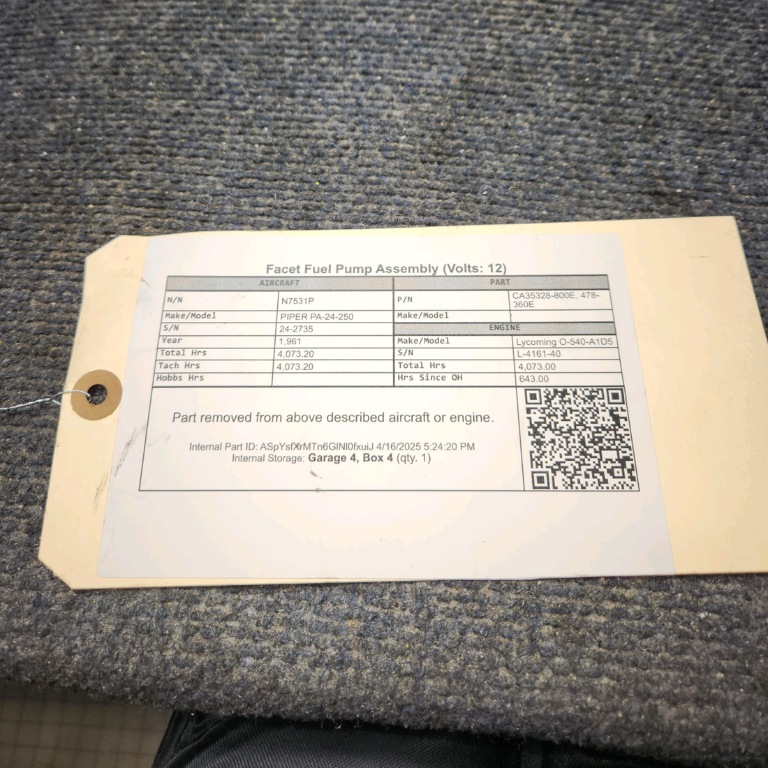 Used aircraft parts for sale, CA35328-800E PIPER PA-24-250 Facet Fuel Pump Assembly (Volts: 12)