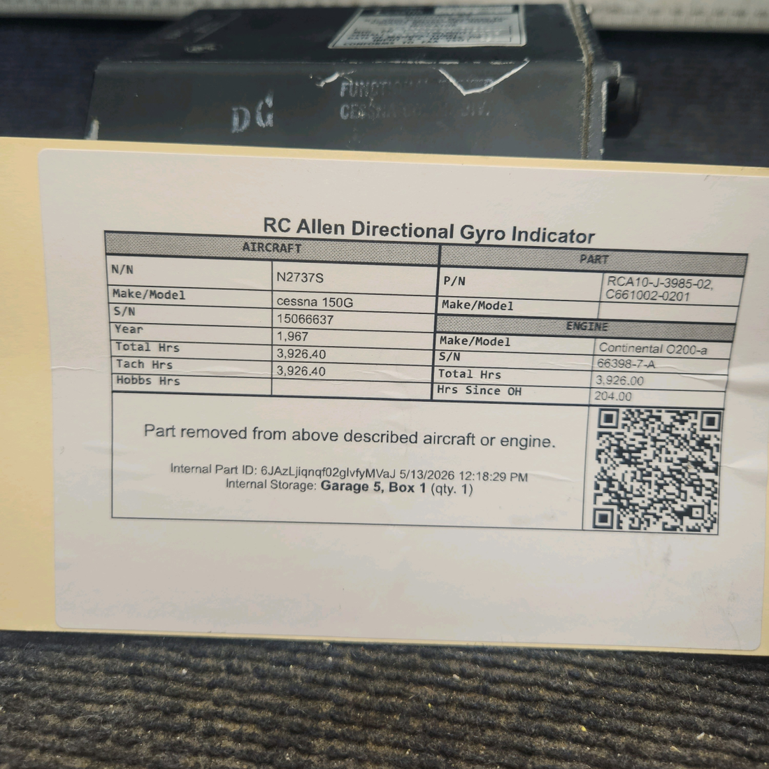 Used aircraft parts for sale, RCA10-J-3985-02 RC Allen Inst cessna 150G Directional Gyro Indicator