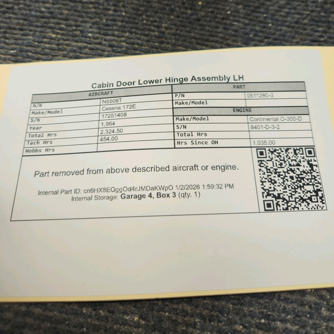 Used aircraft parts for sale, 0511280-3 Cessna 172E Cabin Door Lower Hinge Assembly LH