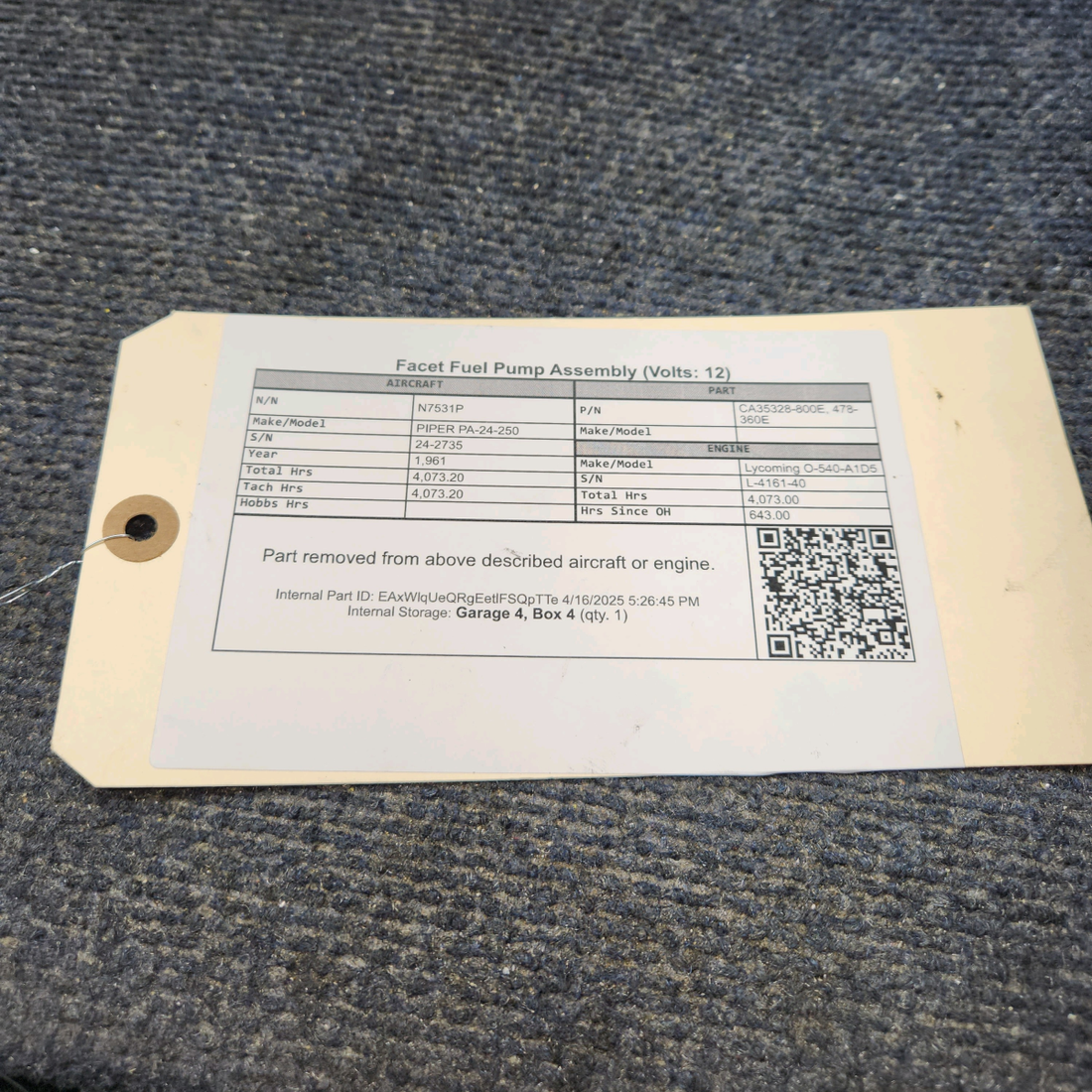 Used aircraft parts for sale, CA35328-800E PIPER PA-24-250 Facet Fuel Pump Assembly (Volts: 12)