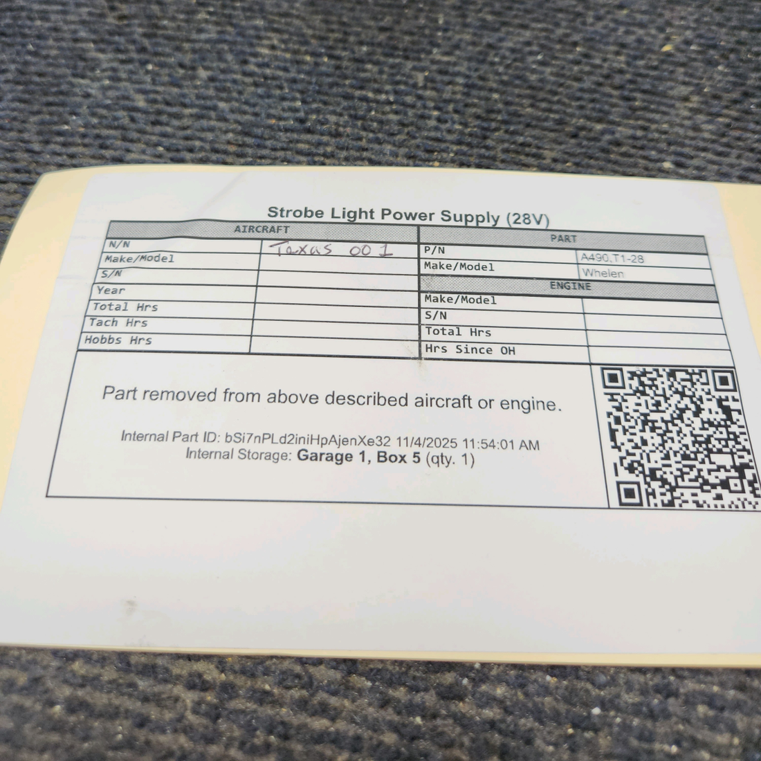 Used aircraft parts for sale, A490,T1-28 Whelen Strobe Light Power Supply (28V)