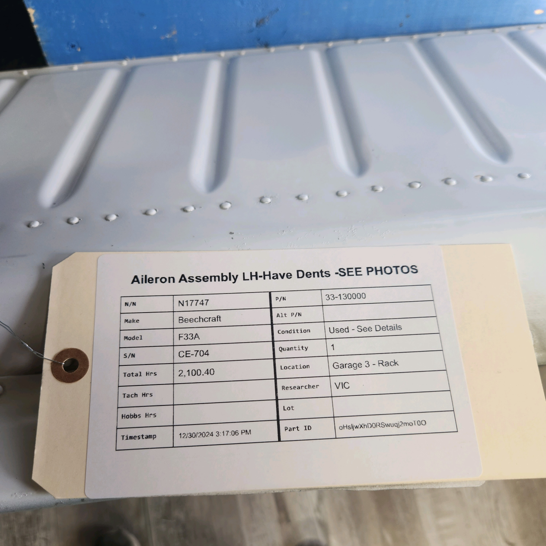 Used aircraft parts for sale, 33-130000 Beechcraft F33A AILERON ASSEMBLY LH HAS A DENTS -SEE PHOTOS
