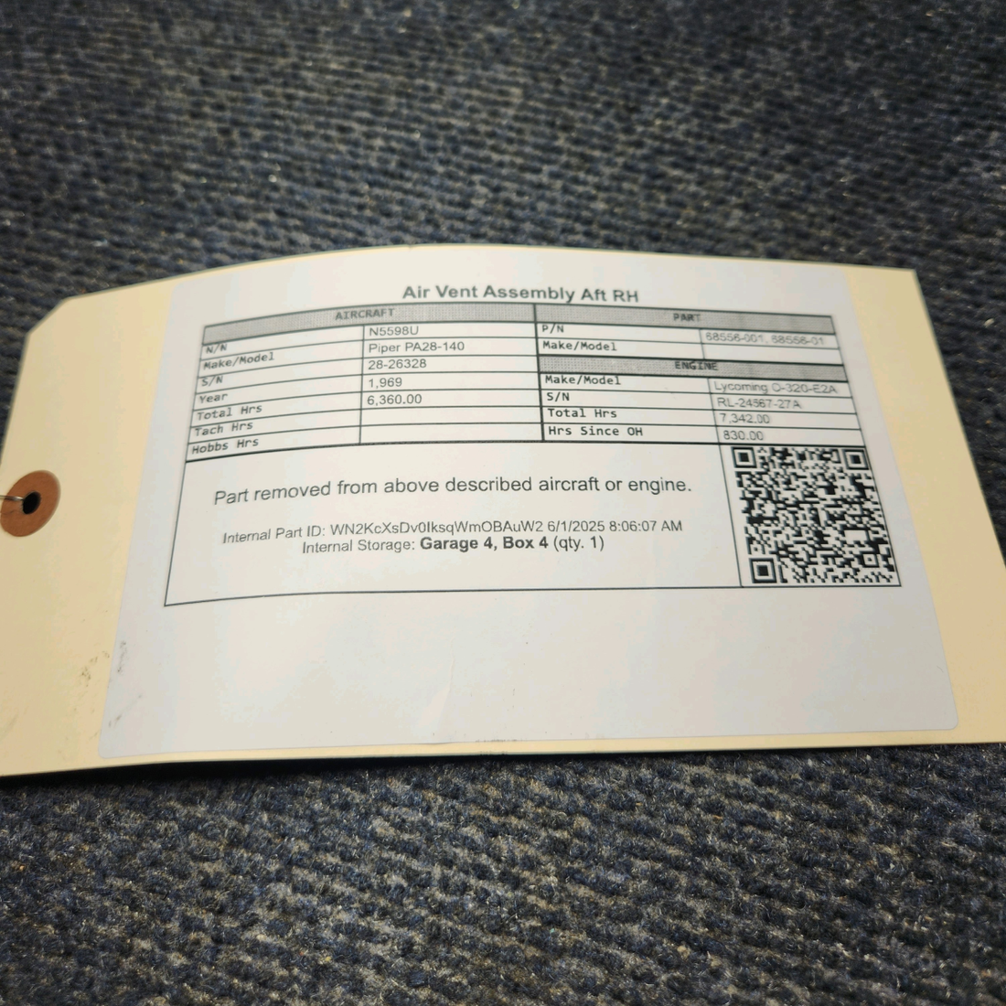 Used aircraft parts for sale, 68556-001 Piper PA28-140 Air Vent Assembly Aft RH