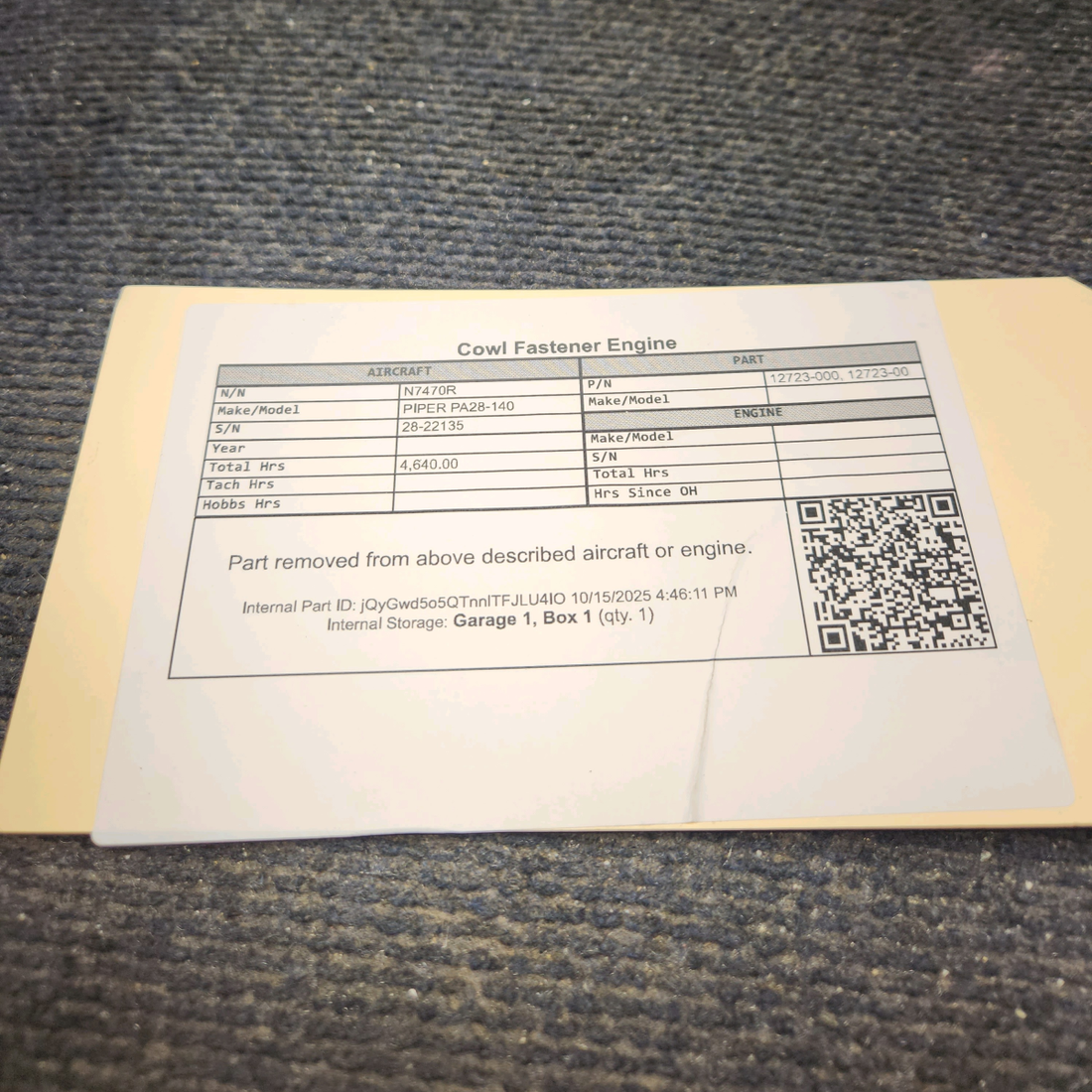 Used aircraft parts for sale, 12723-000 PIPER PA28-140 Engine Cowl Fastener